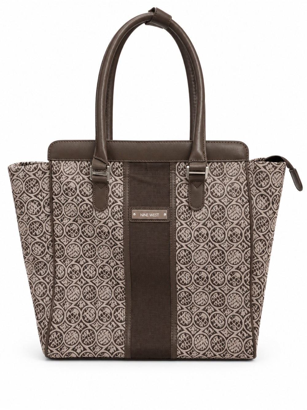 Nine West Brown Taupe Logo Print Jacquard Satchel Tote Handbag